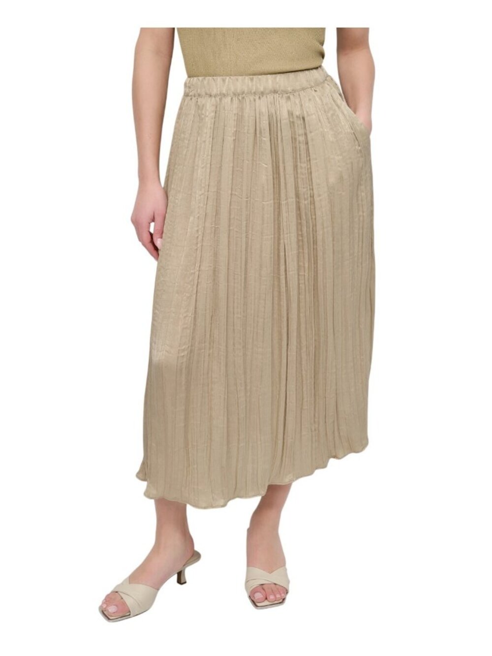 NWT DKNY Womens Crushed Crease Woven Midi Skirt P5DNSB53 Pale Moss Brown Green M